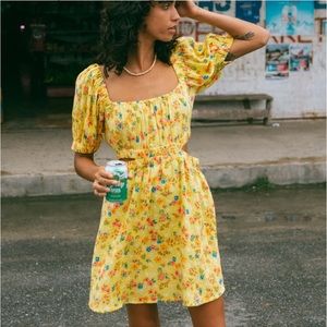 Billabong Floral Yellow Ruffle Mini Puff Sleeve Dress